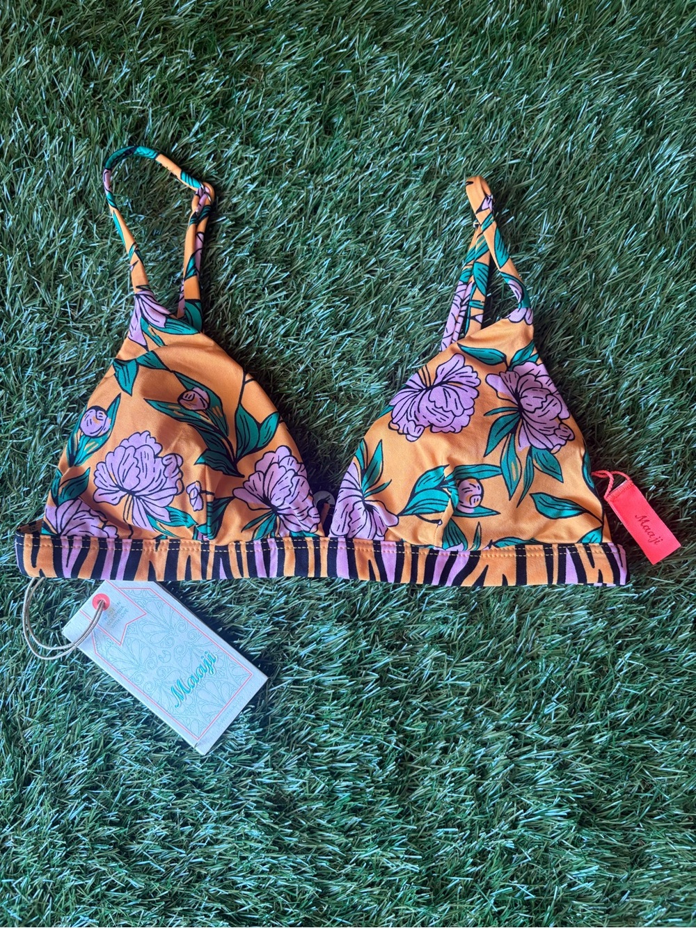 Maaji Nyala Safari Mia Fixed Triangle Bikini Top Orange Floral NWT